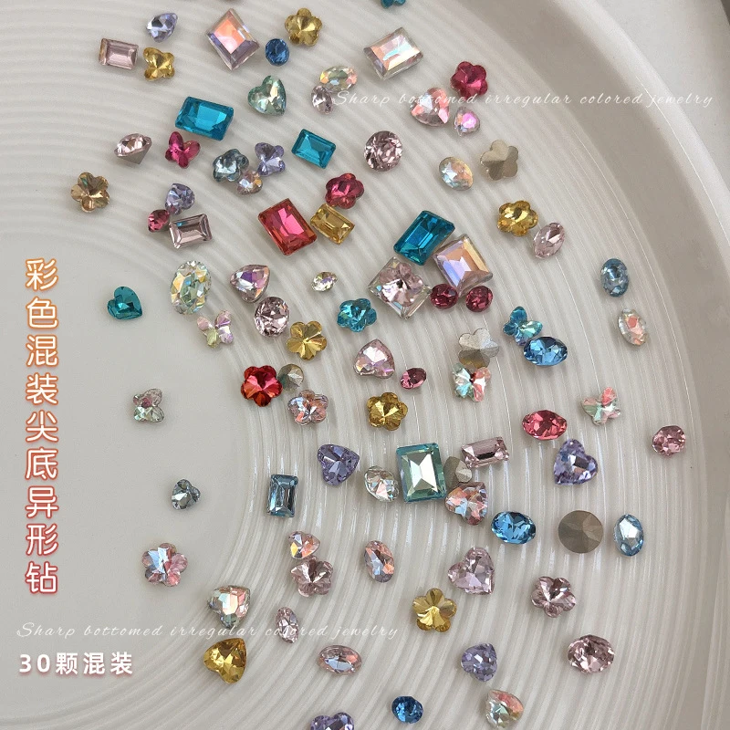 30pcs mix 3-8MM Pointed Bottom Irregular Nail Crystal Small mixed Shape Flass Pile Drill Applies DIY Accessories