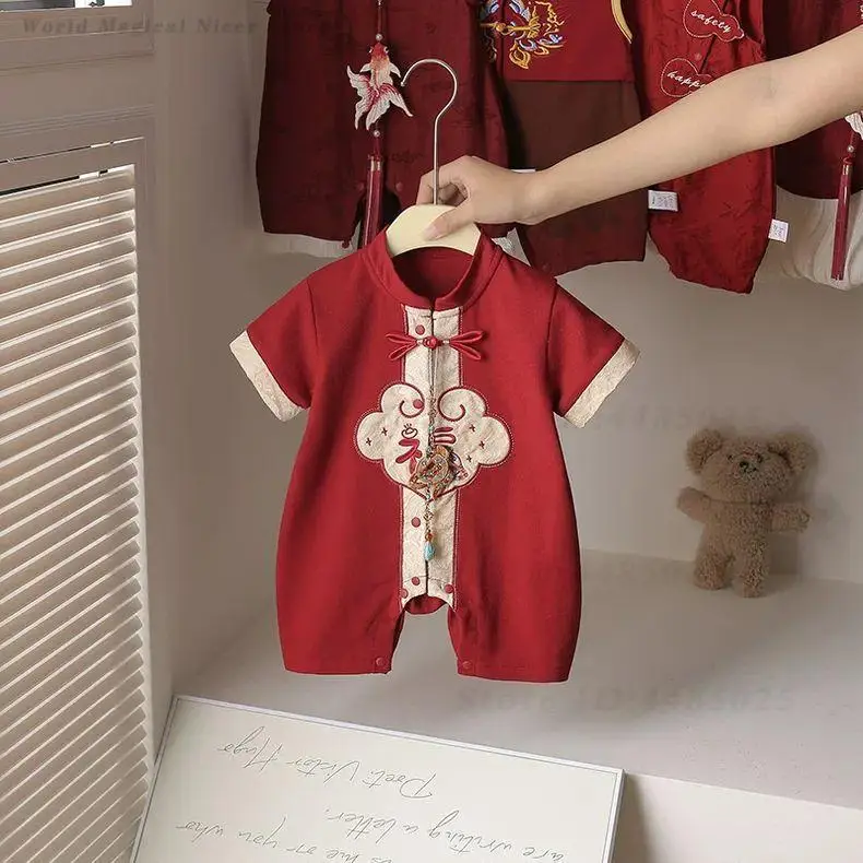 Traje de verano fino estilo chino para bebé, disfraz festivo Zhuazhou para celebración del 100 día del bebé y primer cumpleaños