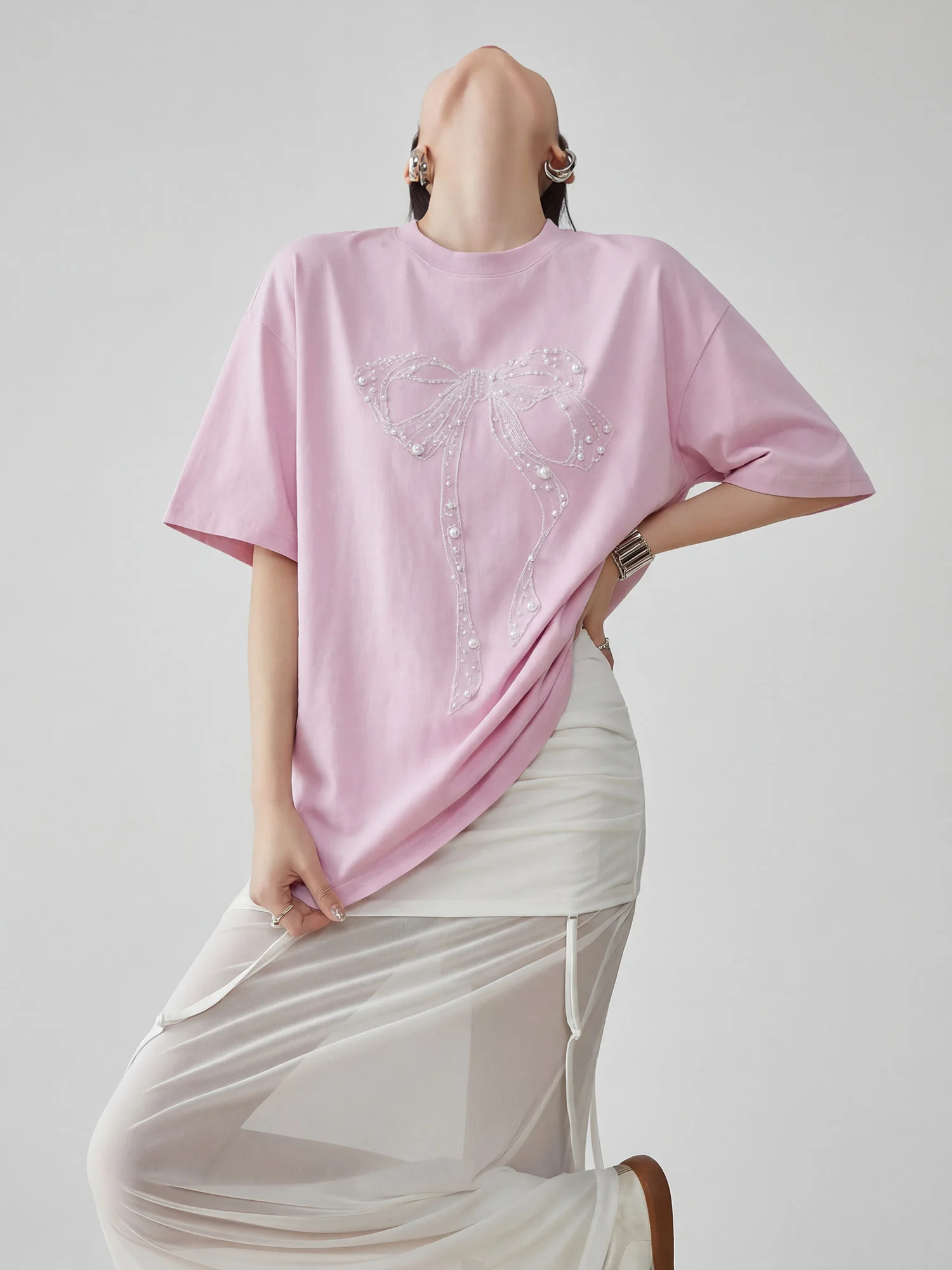 

Женская летняя футболка свободного кроя с коротким рукавом, розовым бантом и круглым вырезом, из полиэстера, в повседневном стиле, новинка для офиса