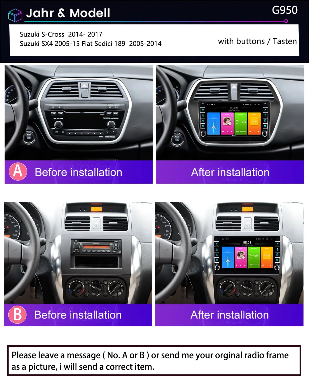 8“Car Multimedia Player Bluetooth Carpaly Android 13 Car radio Navigation HD Reverse camera For Suzuki SX4 S-Cross Fiat Sedici