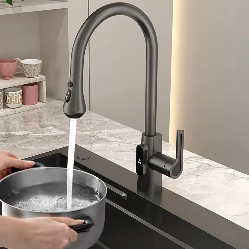 

Цифровой черный выдвижной кухонный смеситель, серый выдвижной смеситель для раковины, вращение на 360 градусов, смеситель Torneira Cozinha, кухонный смеситель