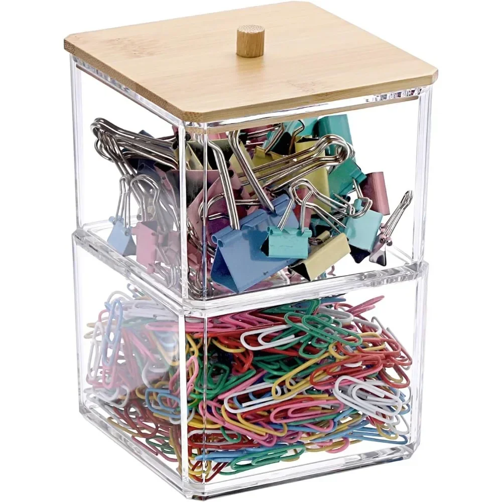

Clear stackable paper clip holder Bamboo cover 2-layer paper clip box Thick acrylic office supply accessories organizer