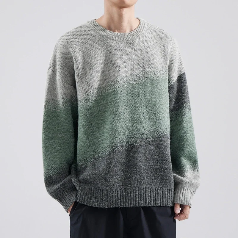 

Pullover Contrast Color Round Neck Screw Thread Men's Lantern Long Sleeve Gradient Sweater Knitted Autumn Stylish Tops JJ870