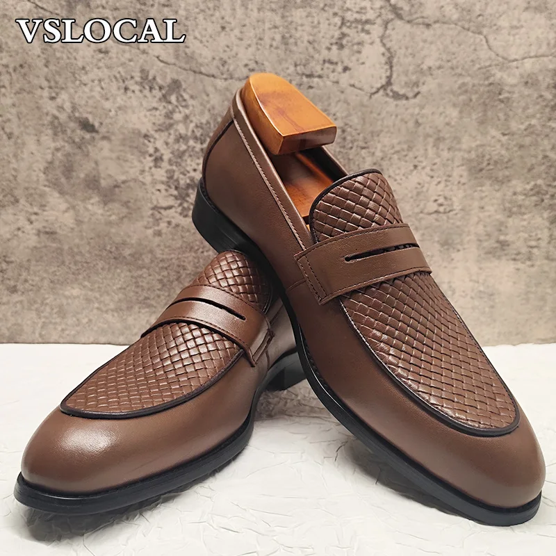 

Luxury Men Leather Shoes Black Coffee Slip On Weave Print Casual Mens Dress Shoes Wedding Office Banquet Loafers For Men