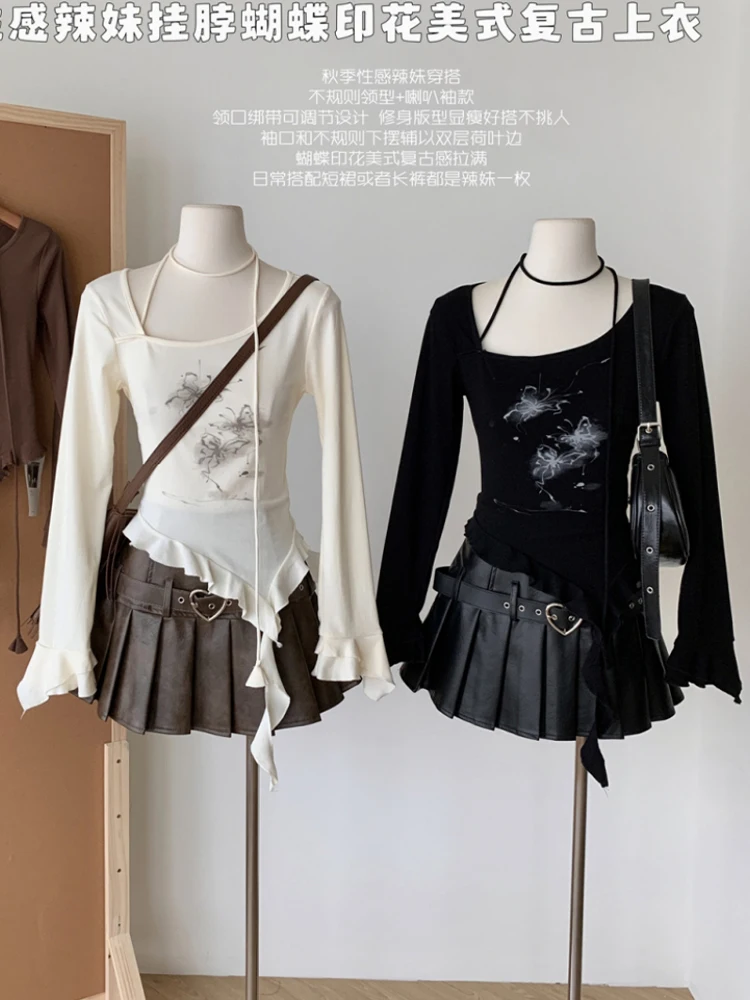 Fall Winter Women Shoujo Y2k Grunge Coquette T-Shirts Irregular Cyber Punk Tees Long Sleeve Crop Tops 2000s Aesthetic Gyaru Chic