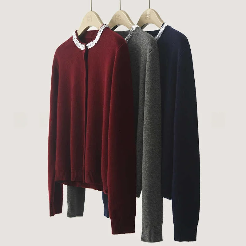 

Новый модный повседневный универсальный кардиган из 100% шерсти с яркими пайетками для женщин, весна-осень, круглый вырез, не требует глажки