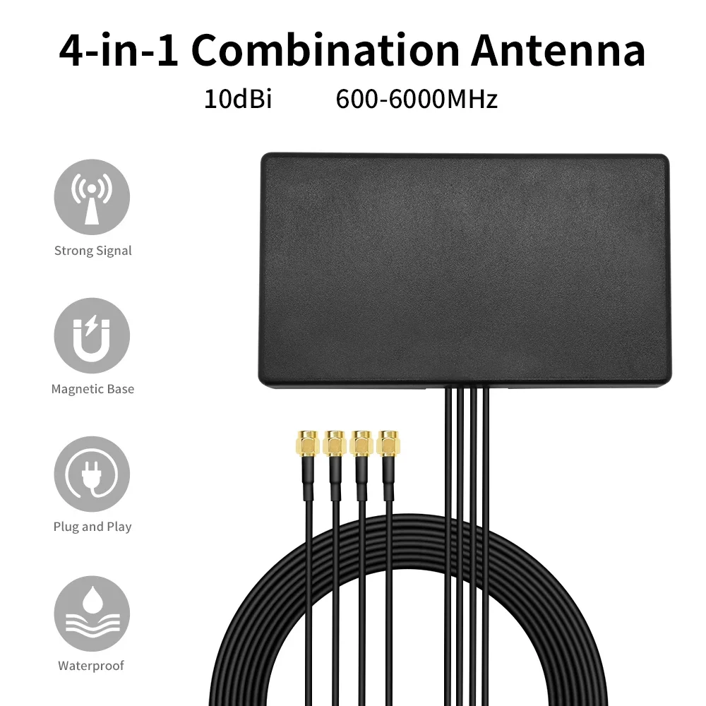 High Gain 5G 4G WWAN LTE Module Modem Antenna 600-6000Mhz with 4 SMA Male Connectors 1.5M RG174 Extension Cable Magnetic Sucker