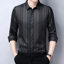 Fashion Men Business Stripe Shirt Spring Autumn Streetwear Male Clothes Long Sleeve Lapel Button Casual Loose Korean Thin Tops