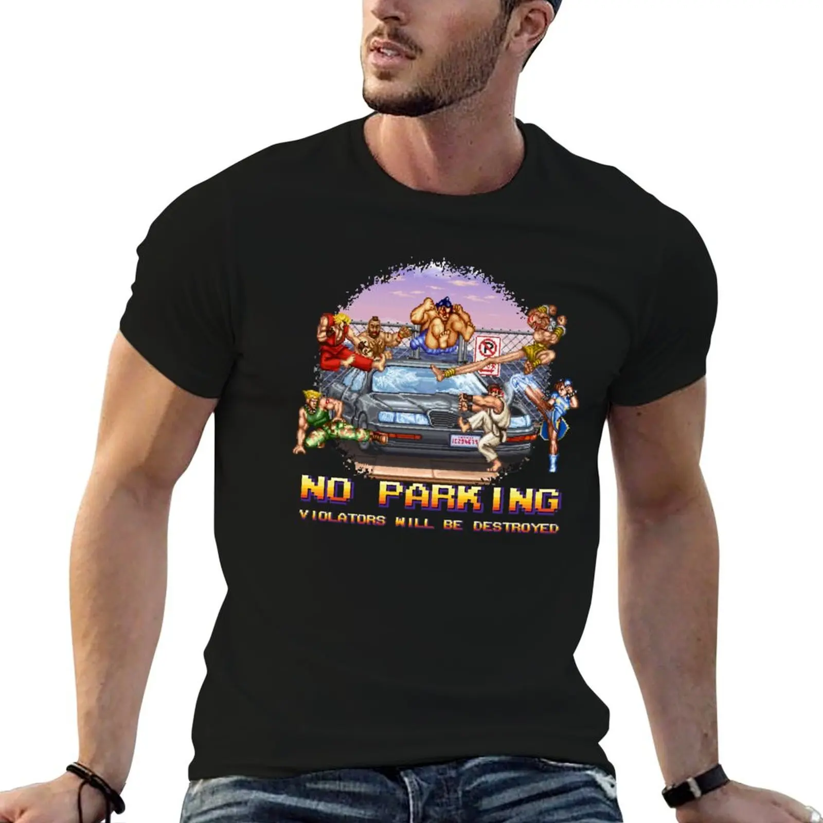 No Parking Violators will be Destroyed T-Shirt Big Size Short Sleeve Tee for Men