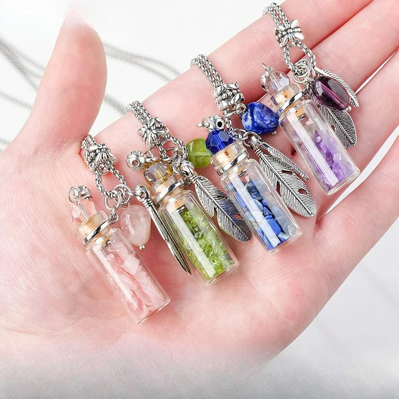 Natural Crystal Stone Drifting Bottle Pendant Necklace Aromatherapy Stone Essential Oil Bottle Jewelry Women Decorative Pendant