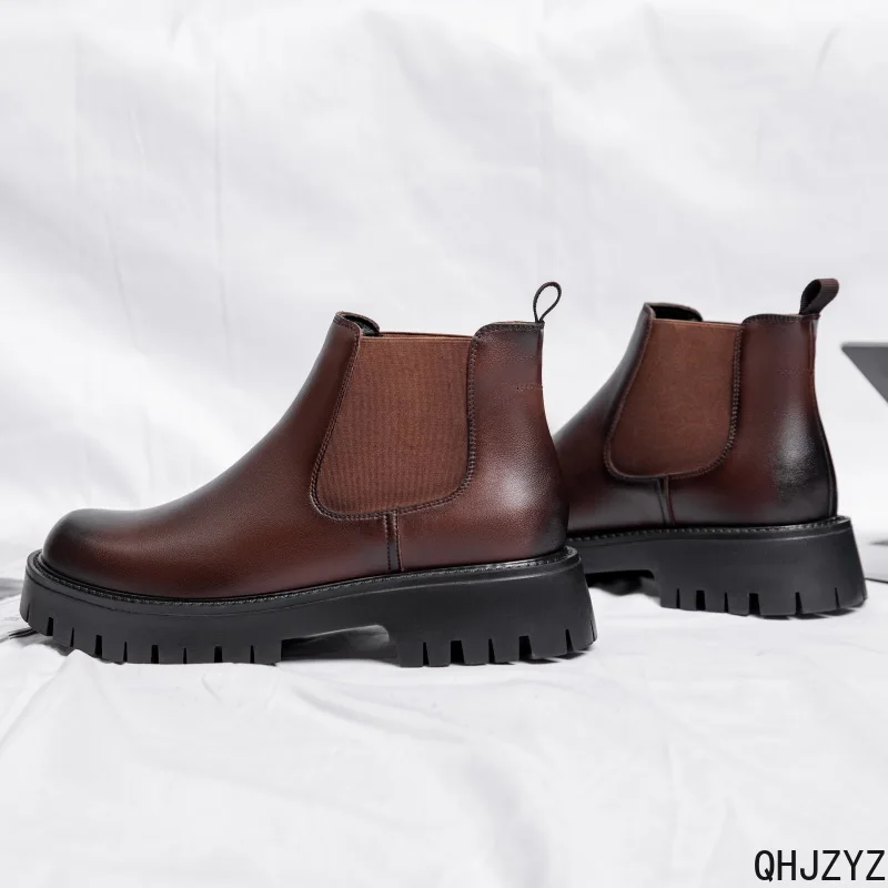 Korean Business Retro Simple Leather Boots Short BootsBritish Trendy Men's Casual High Top Leather Shoes