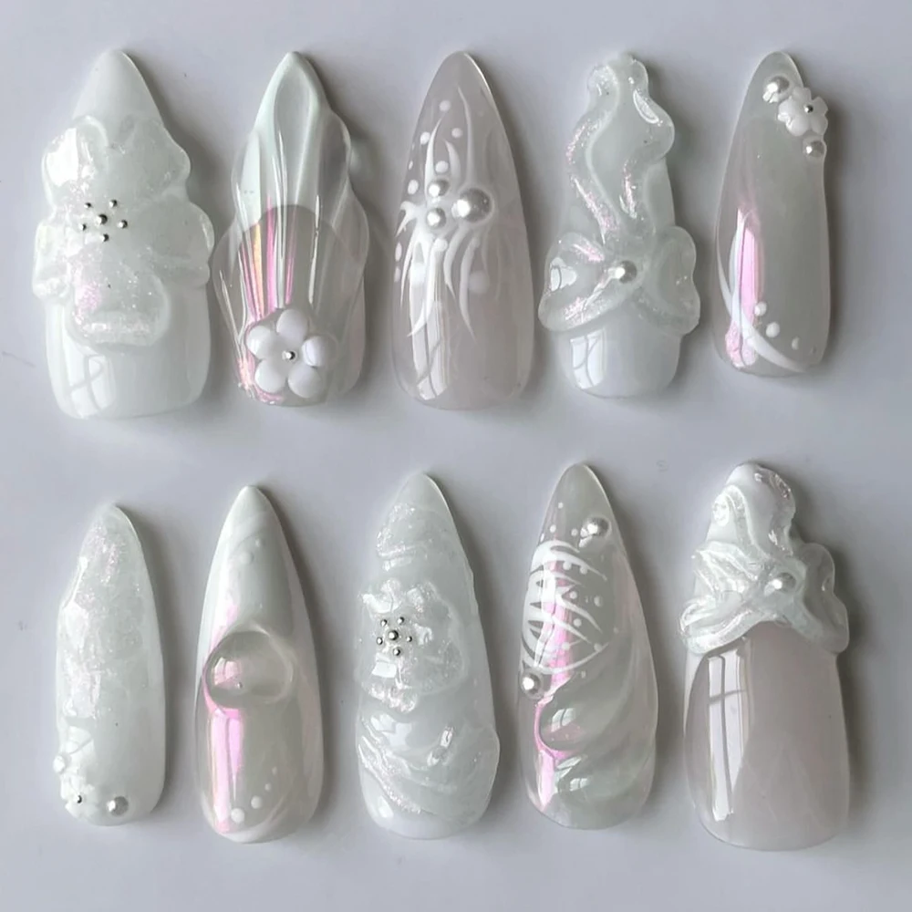 Long Almond 3D Gel Press On Nails Art French White Simple Bow Shell Flower Fake Nail Party Sticker Customizable Bridesmaid Gift