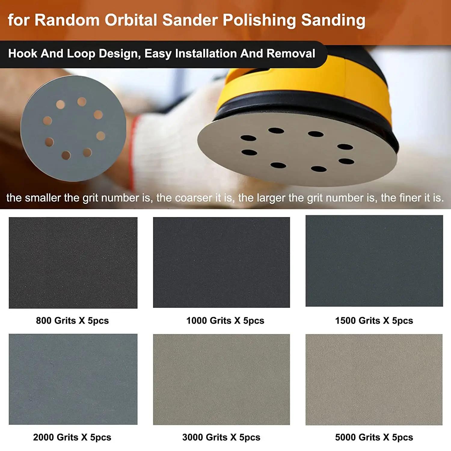 A36T-30Pcs 5-Inch Sanding Disc Sets, Hook&Loop 5-Inch 8-Hole Combination (800/1000/1500/2000/3000/5000) Sandpaper Mix Silicon Ca