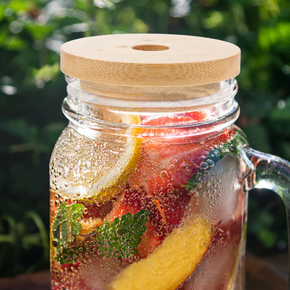 

8pcs Mason Jar Wood Grain Lids Straw Hole Glass Bottles Cups Airtight Sealing Cover Lightweight Kitchen Bar Accessories