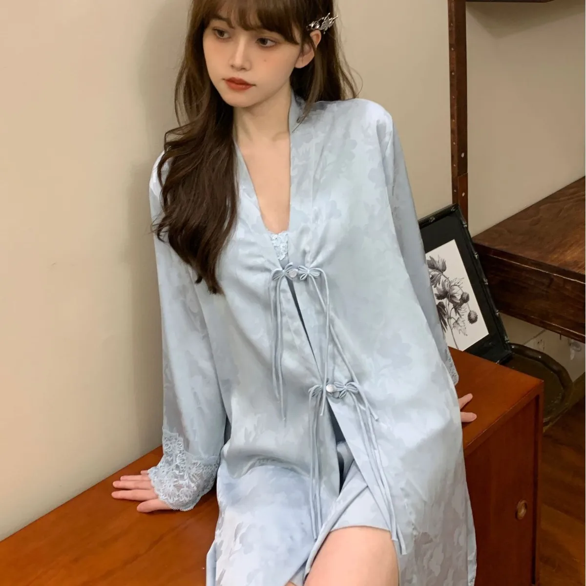 Chinese Style Jacquard Satin Long Sleeve Cardigan With Buttons Lace Trim V Neck Nightdress Women's Sleepwear