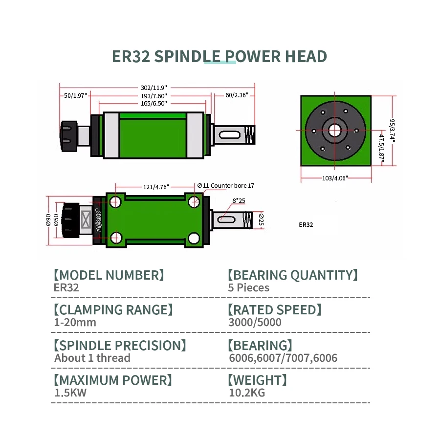 ER20/ER25/ER32 Power Head Lathe Spindle Head Boring Milling Grinding Head Cutting Head Milling Groove Drilling Tapping