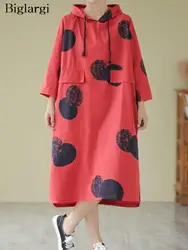 Oversized Autumn Hoodies Midi Dress Women Polka Dot Print Fashion Casual Loose Ladies Dresses Long Sleeve Woman Dress 2023