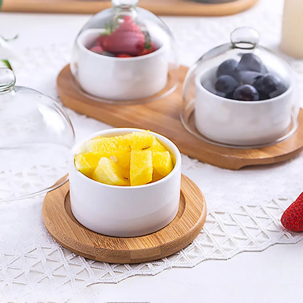 

1Set White Ceramic Salad Dessert Bowl Glass Lid Wooden Tray Multipurpose Kitchen Supplies Fruit Candy Display Dish