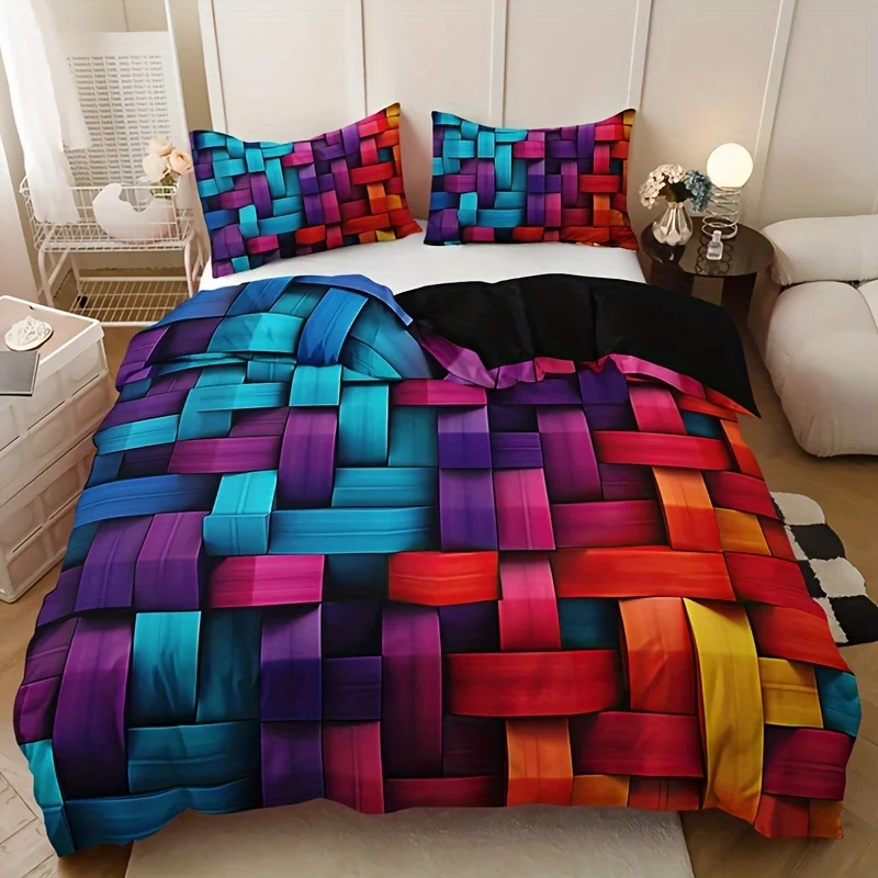 Geometric Colorful Plaid Duvet Cover Set Breathable Woven Polyester All-Season 3 Piece Set with 1 Duvet Cover and 2 Pillowcases