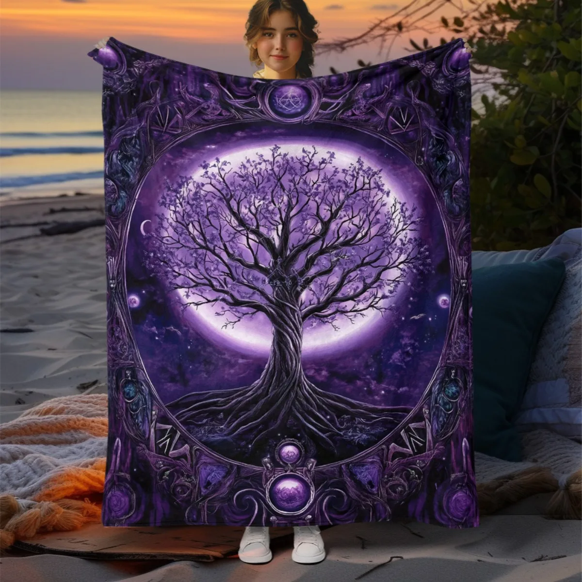 

Purple Life Tree flannel blanket with mysterious starry sky design,lightweight and suitable for all seasons,soft and warmblanket