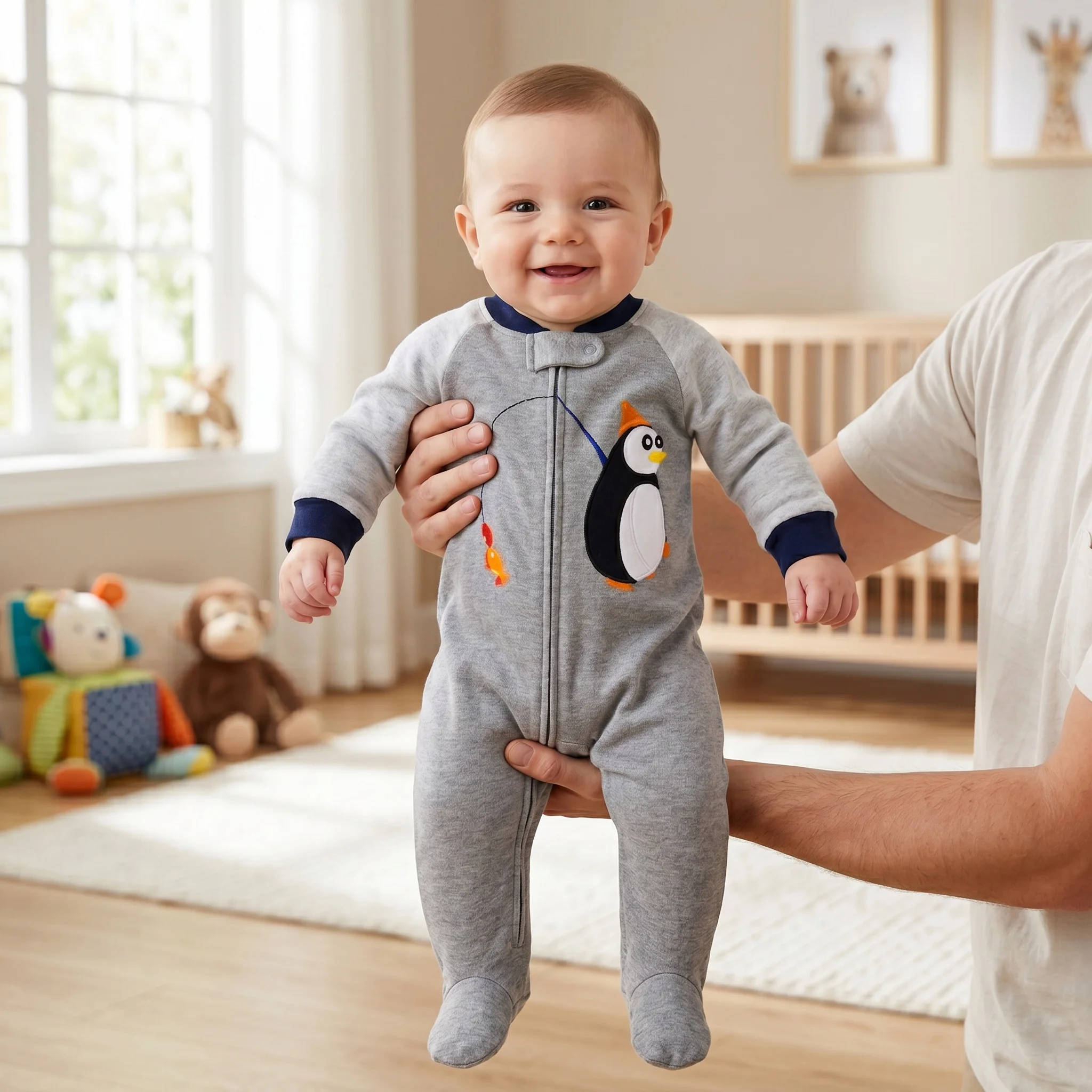 Pure Cotton Raglan Sleeve Baby Footed Romper Cute Animal Embroidery Zipper Onesie for 3-9M Newborn Boys All Season Loungewear