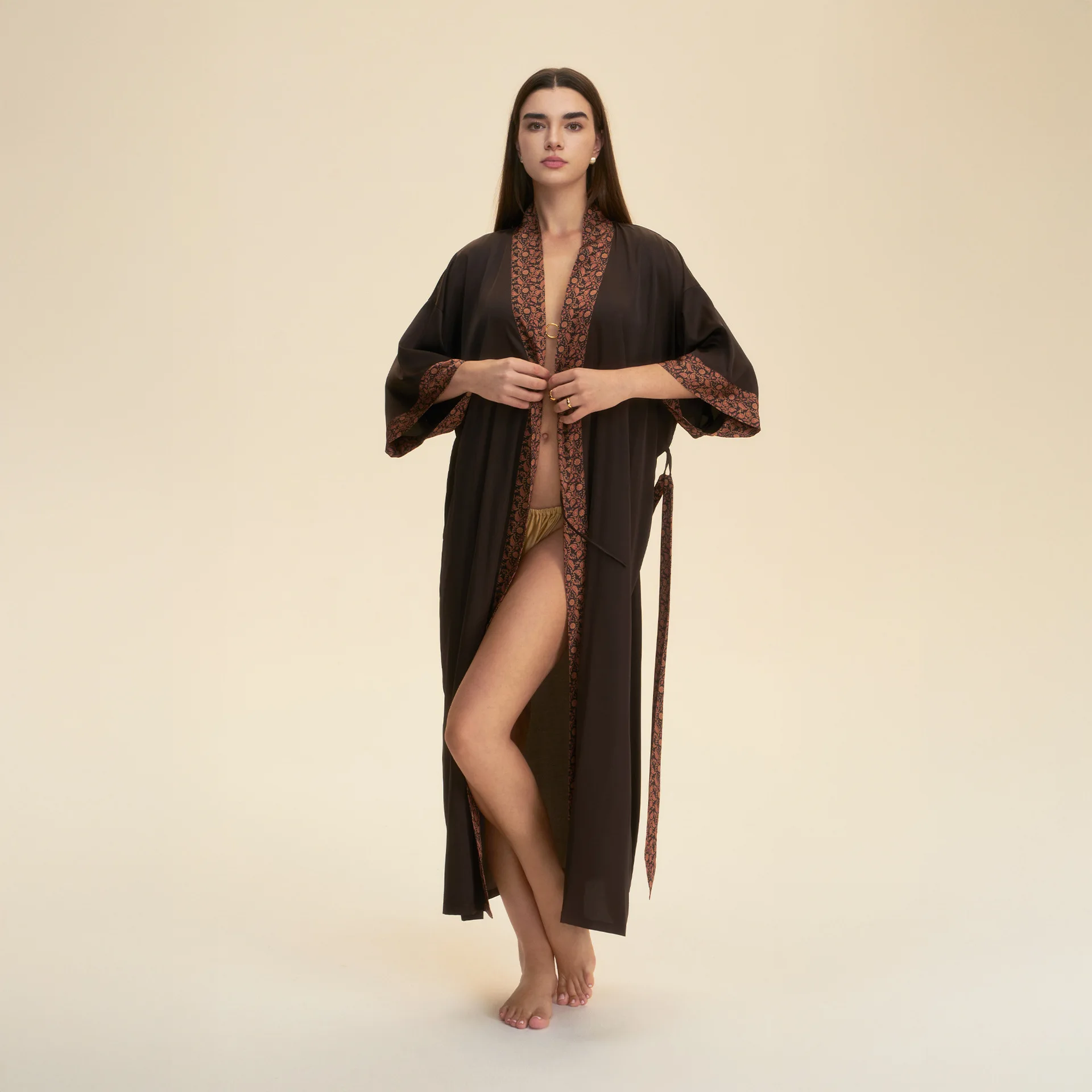 NightgownNew pajamas women's fashion cardigan robe solid color lace strip European and American robe loungewear morning robe