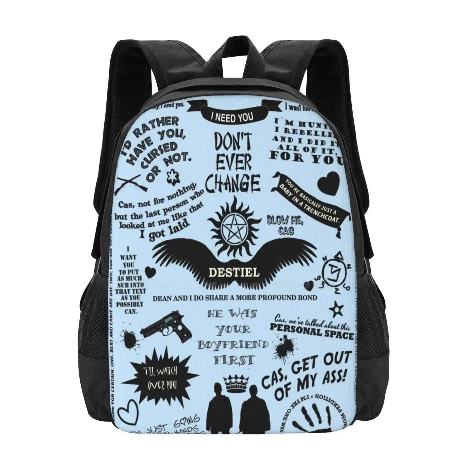 

Destiel Love Pattern Design Рюкзак Школьные сумки Destiel Castiel Shipper Белка Семейный бизнес Экономия людей Spn Цитаты