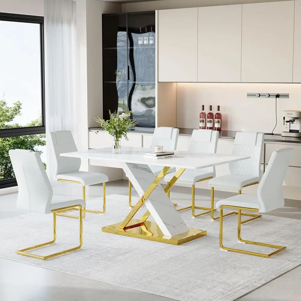 

Мраморный обеденный стол на 6 персон, бело-золотой стол 63 дюйма с хромированной X-образной основой и белыми кожаными стульями, простая сборка