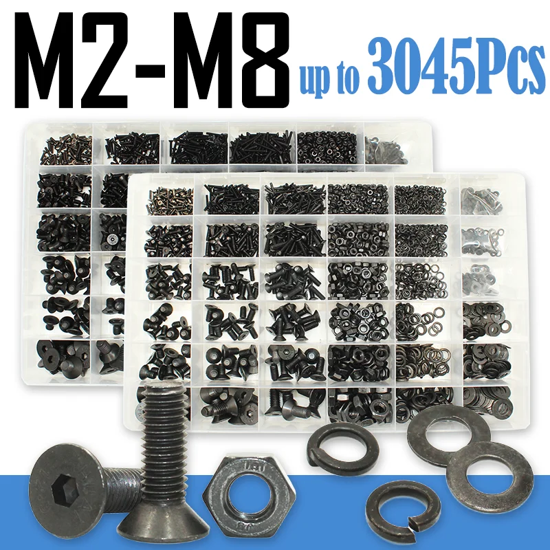 3045/2545/2520/2240/1420/1280Pcs M2 M3 M4 M6 M8 Hex Socket Screw Carbon Steel Countersunk Flat Head Hexagon Bolt Nut and Washer