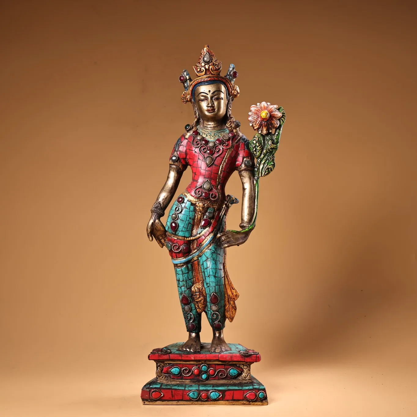 

16"Tibetan Temple Collection Old Bronze Outline in gold Mosaic Gem Turquoise Green Tara Standing Buddha Worship Hall Town House