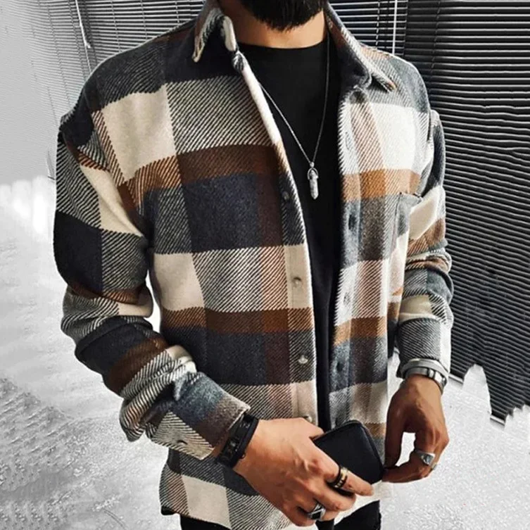 

Men Autumn Winter Shirt Plaid Color Turndown Collar Button Pockets Long Sleeve Casual Fashion Comfortable Regular Standard Fit