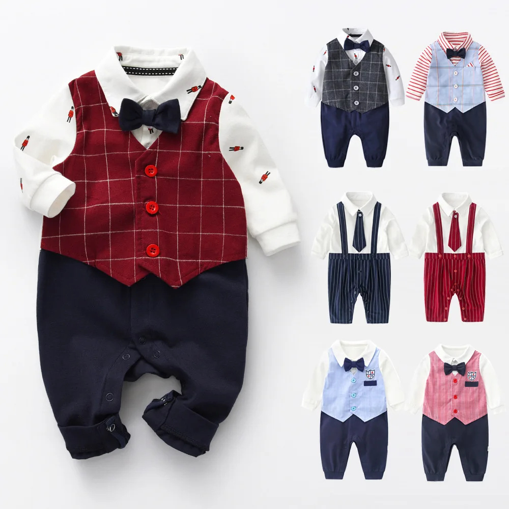 Baby Spring Autumn Handsome Gentleman Rompers Hundred Day Old Newborn Boys Jumpsuit Cotton Spliced Infant Boys Bodysuit Outfits