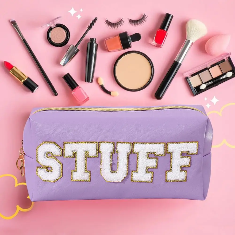 

Fade-resistant Faux Leather Pouch Stylish Faux Leather Cosmetic Bag with Embroidered Letters Sequin Detail Zipper for Business