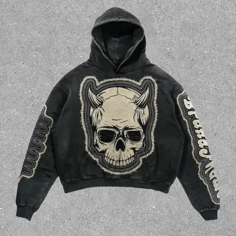 HarajukuRetro Skull Print Hoodies Women Graphic Y2k Top Oversized Zip Up Hoodie Couples American Streetwear Goth Women Clothes