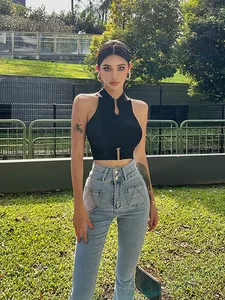 HELIAR Women Sexy Tank Tops Chic Y2K Tops Halter Off Shoulder Tops Crop Tops Elastic Solid Tank Tops For Women Summer 10 best sales tianhou silk quilt - №10