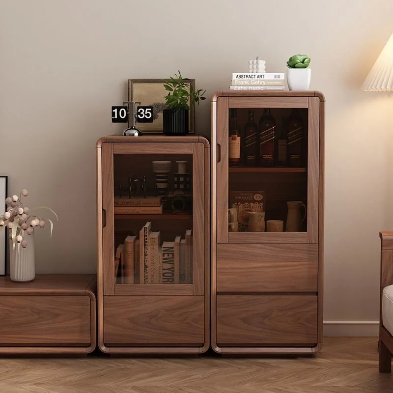 Full solid wood side cabinet, living room home 2025 new coffee table combination floor walnut color small apartment TV side cabi