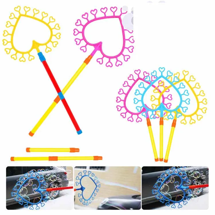 어린이용 귀여운 핸드헬드 러브 하트 버블 지팡이, 야외 인터랙티브 버블 블로잉 장난감, 버블 소품, 러브 버블 링