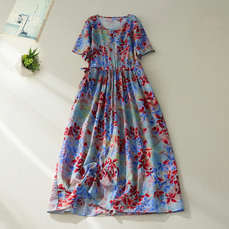 

Summer Indie Folk Vintage Floral Party Dresses Casual Loose Drawstring A-Line Bohemian Holiday Beach Sundress Robe Femme