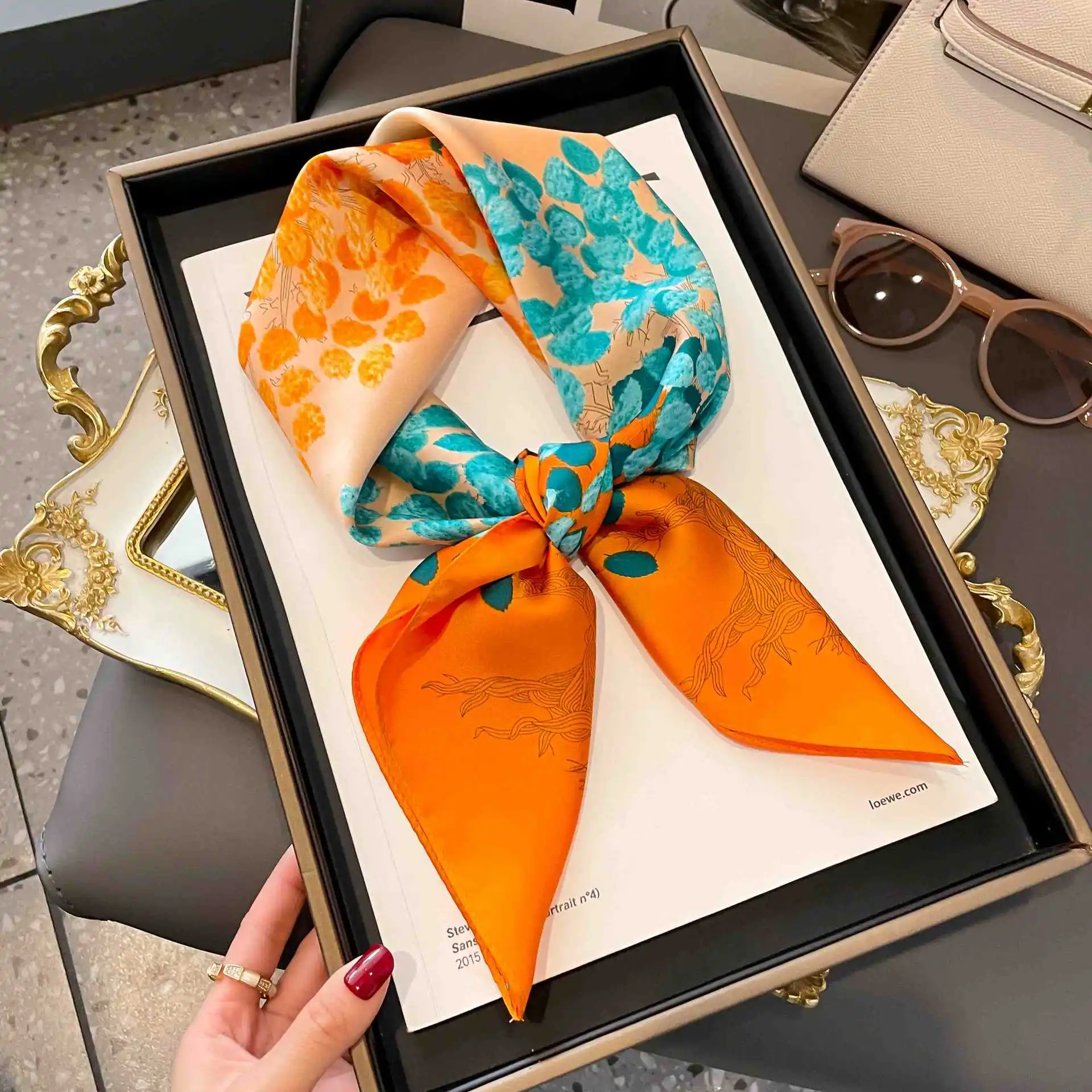 Women New 70x70cm Small Square Scarves Retro French Advanced Korean Printed Professional Simulated Silk Scarf Party Gift