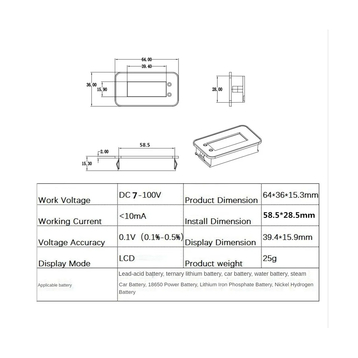 7-100V Digital Battery Capacity Tester Battery Monitor Voltage Temperature Switch Meter for Car Ships, NO Waterproof