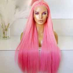 AIMEYA Synthetic Straight Wigs for Women Pink Wig Long Hair Heat Resistant Fiber Lace Front Wig Cosplay Party Natural Hairline
