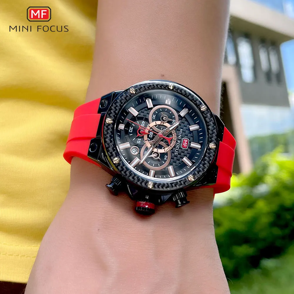 MINI FOCUS Red Sport Watch for Men Fashion Waterproof Silicone Strap Chronograph Quartz Wristwatch with Date Luminous Hands 0468