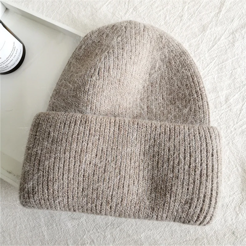 2024 Angora czapka zimowa dla kobiet futro królika puszyste czapki z dzianiny czapka Bonnet kobiece miękkie ciepłe czapki narciarskie Skullies