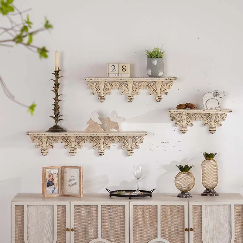 Garden Straight-Line Storage Rack Vin tage Distressed Carved Layered Rack Homestay Backgr ound Wall Decorative Rack Wall Hanging