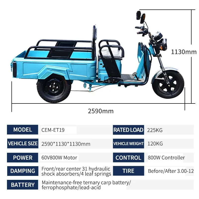 Cheap 12 Inch Long Range 60V 800W electric trike Powerful adult 3 wheel electric cargo tricycle For Sale