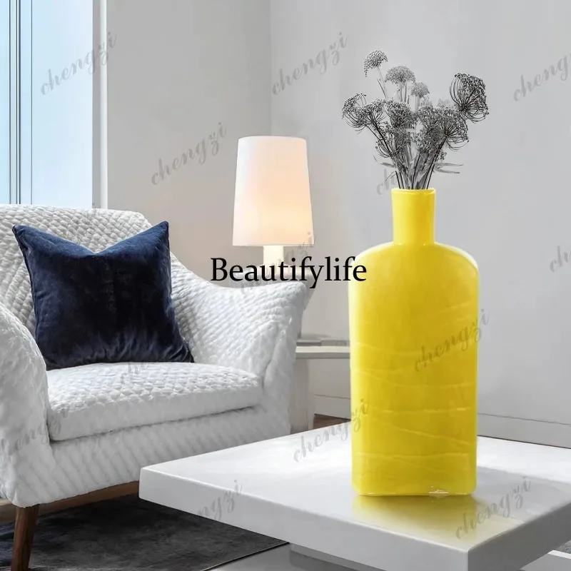 Q181 Bright yellow ceramic vase, minimalist, flower ware, living room entrance soft decoration, living room coffee table decorat
