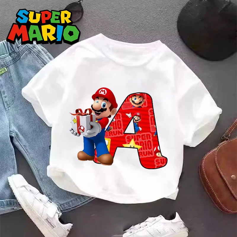 

Super Mario T-shirt Letter A-Z Children Clothing Cute Short Sleeve Boys Girls Clothes Cartoon Round Neck Summer Birthday Toddler