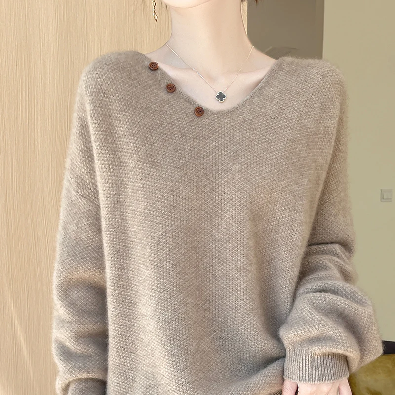 Fall/winter new women\'s sweater 100% pure wool V-tie button loose lazy Joker loose cashmere plus size pullover top