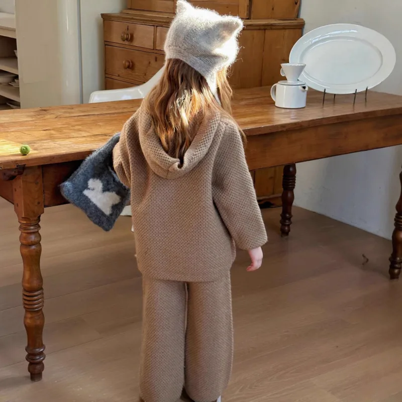 2025 Autumn Winter Children Kid Girl Clothing Warm Thick Hood Sweater Jumper Long Pants Trouser 2piece Set 3-12 Years Outfit