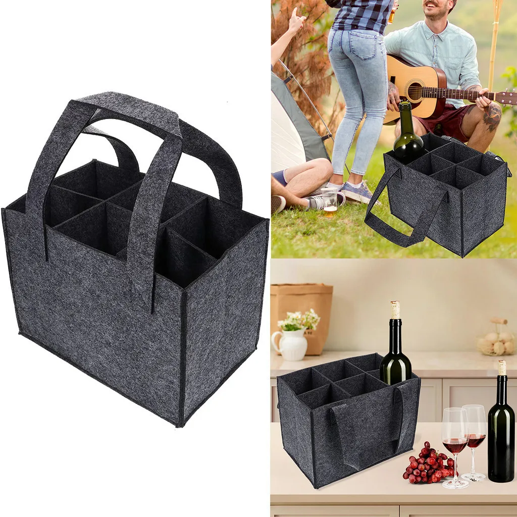 Practical Felt Wine Bag 6 Bottles Foldable Handbag Storage Bag Thickened Wearable Wine Bag Handbags For Wedding Party Camping